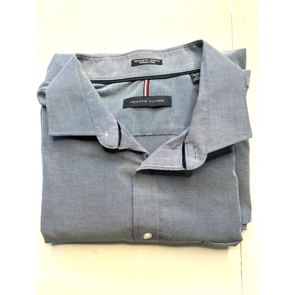 Tommy Hilfiger Mens Wrinkle Free Stretch Regular Fit Dress Shirt XL Blue - Picture 1 of 11